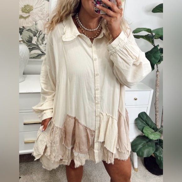 Oli & Hali Tops - Oli & Hali Cream Button-Down Tunic with Tan Patchwork Hem